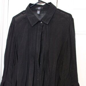 Alfani plus black semi sheer long sleeve button down blouse pintuck 1X